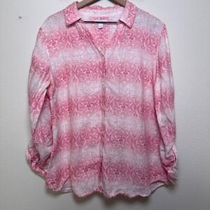 Charter‎ Club Women 100% Linen Button Front Top XL Pink White Medallion Roll Tab